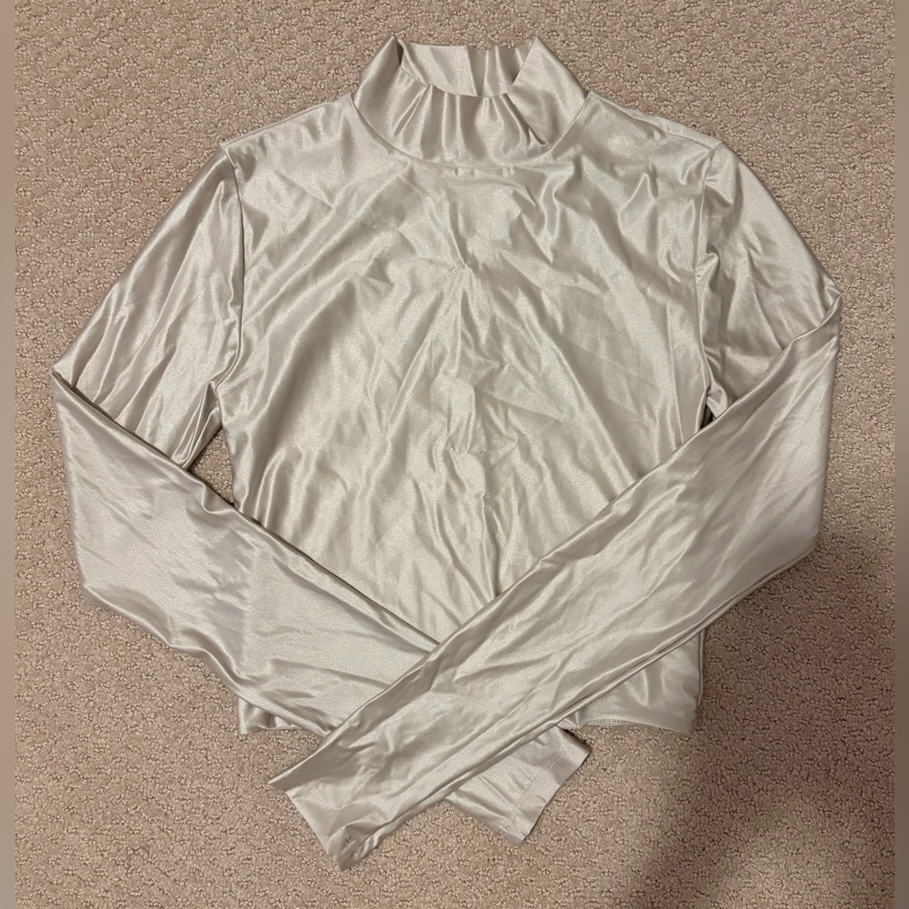 Babaton Satin Mock Neck Long Sleeve Top Champagne XS
